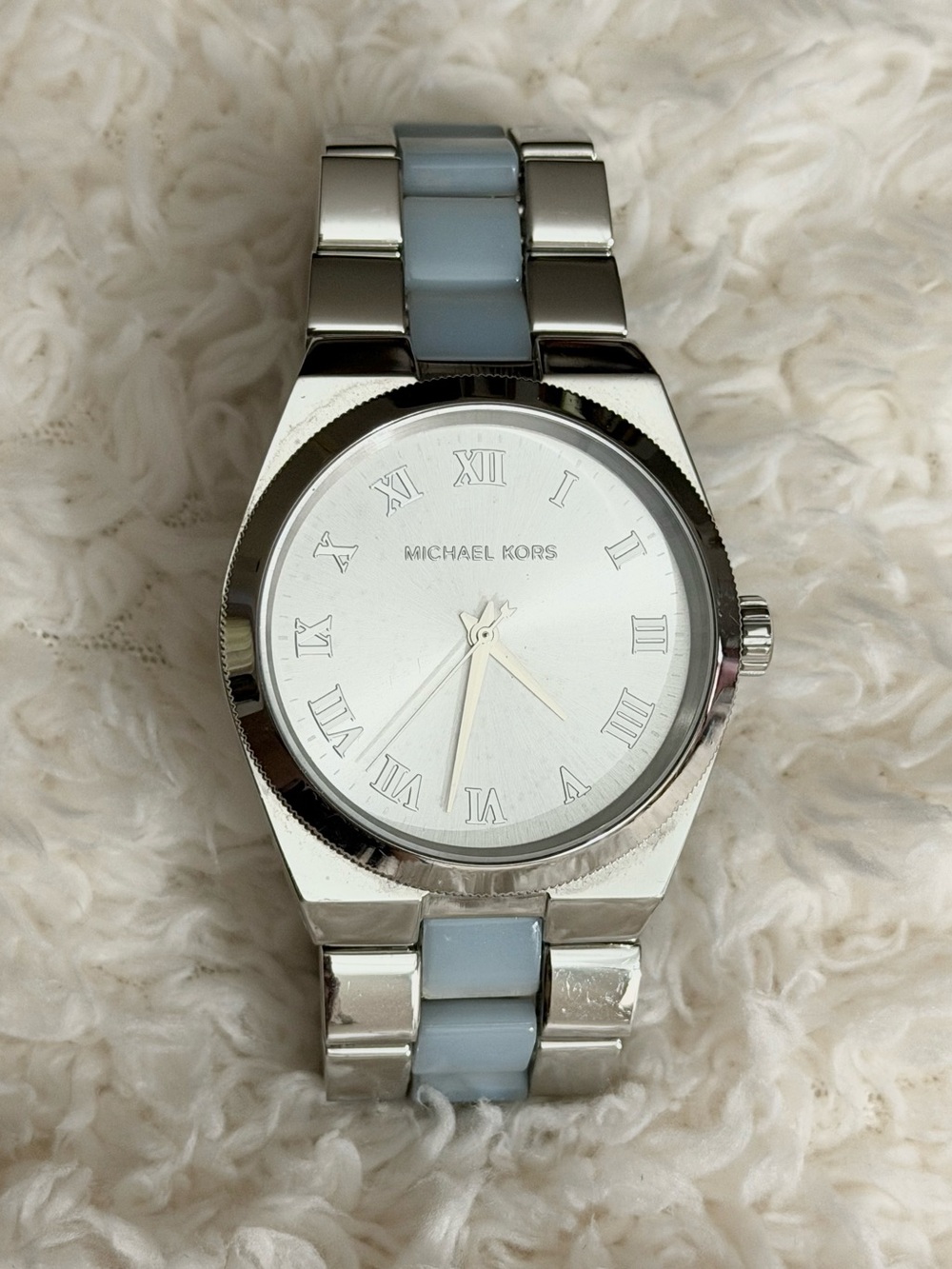 Working Michael Kors Watch Silver w/ Baby Blue Center Stripe Band, Roman Numeral